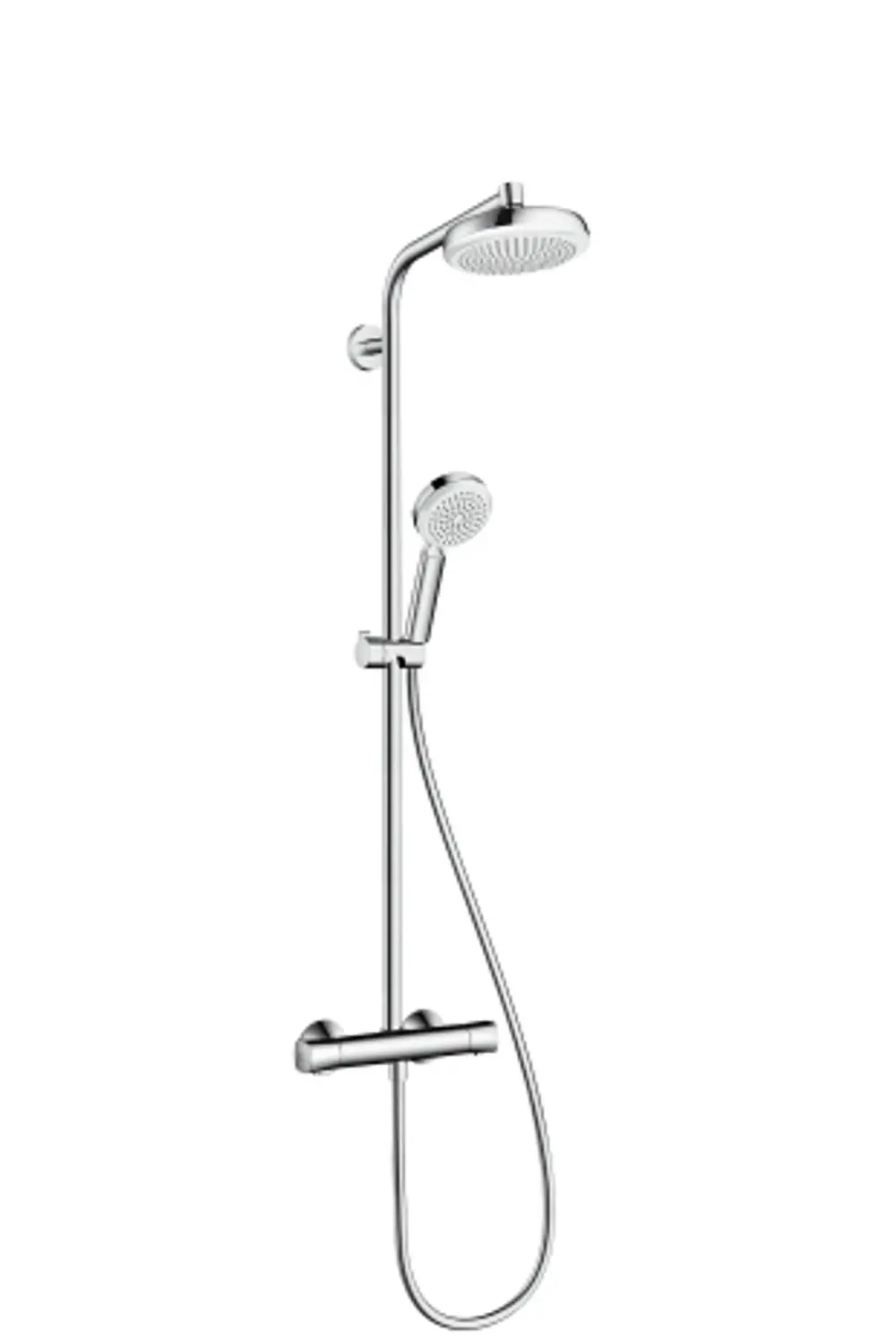 Hansgrohe Dusche mit Rohrsystem, einschließlich großer Regendusche und Handbrause, in Chrom und Weiß, ausgestattet mit einem Thermostat zur Temperaturregelung.